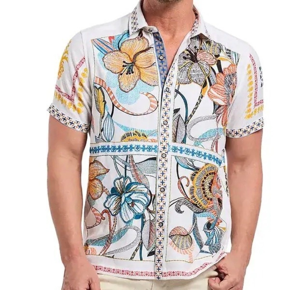 Robert Graham Manzu Embroider Button‎ Down Shirt Men 2XL Floral Linen Blend Rare